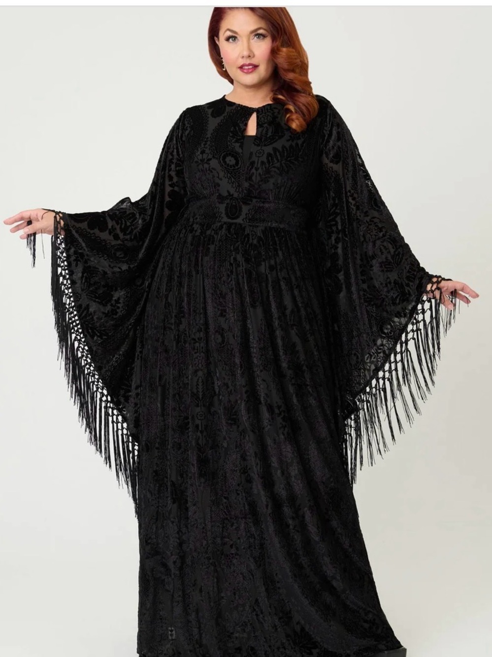 Unique Vintage Plus Size Black Floral Burnout Fringe Flutter Sleeve Caftan